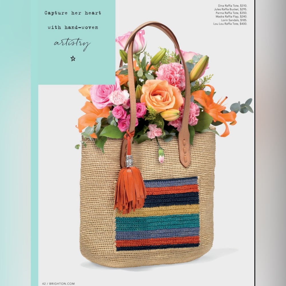 Brighton Dina Raffia Tote-Handwoven Natural Straw Multi Color Handbag